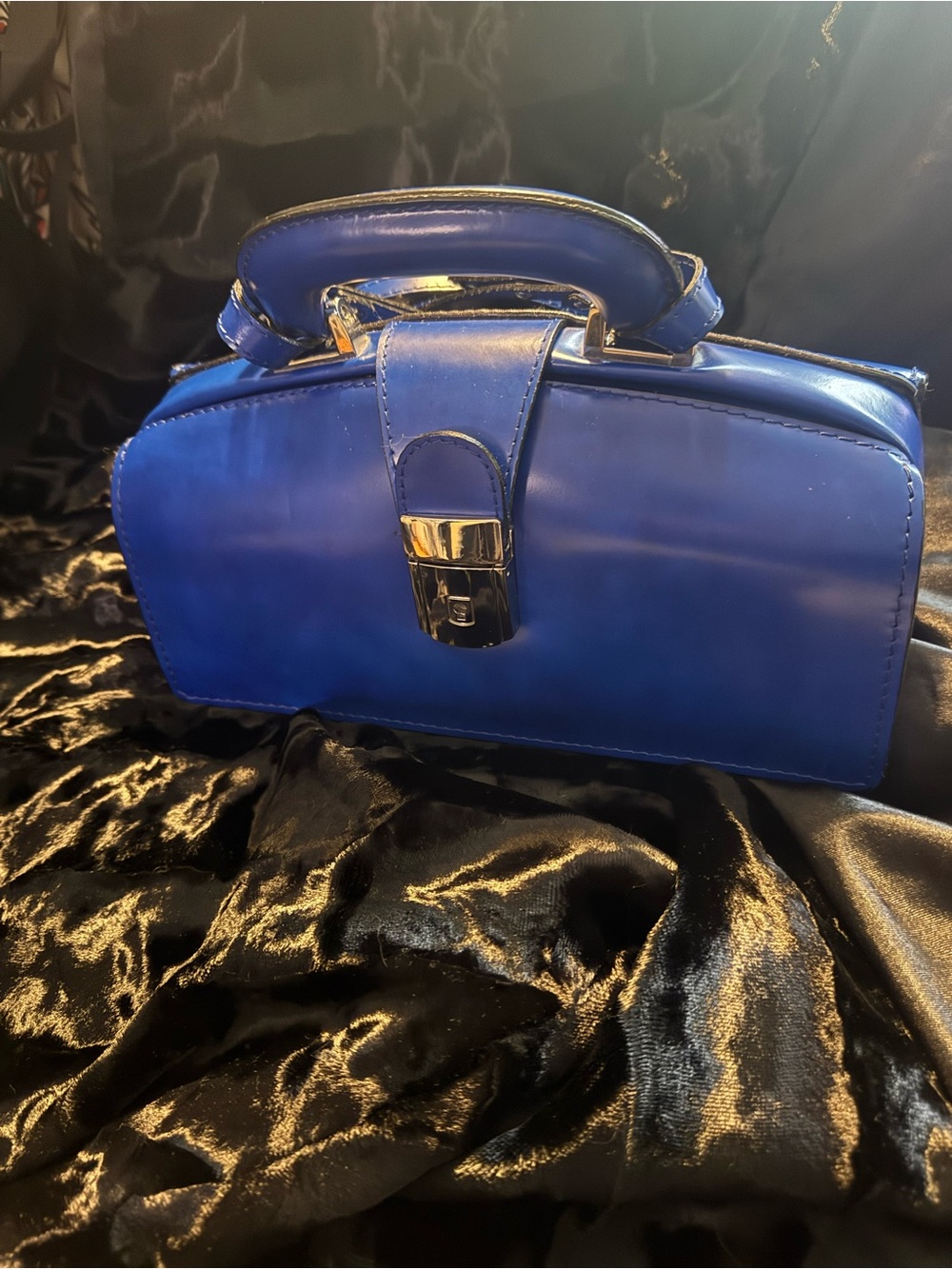 Pratesi Full Grain Leather Cobalt Top-Handle Satchel with Gold Clasp